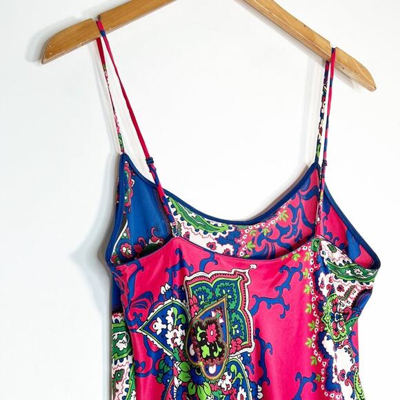Natori Floral Print Satin w/ Lace Trim Chemise Slip Dress Pink Blue Green - Picture 8 of 9